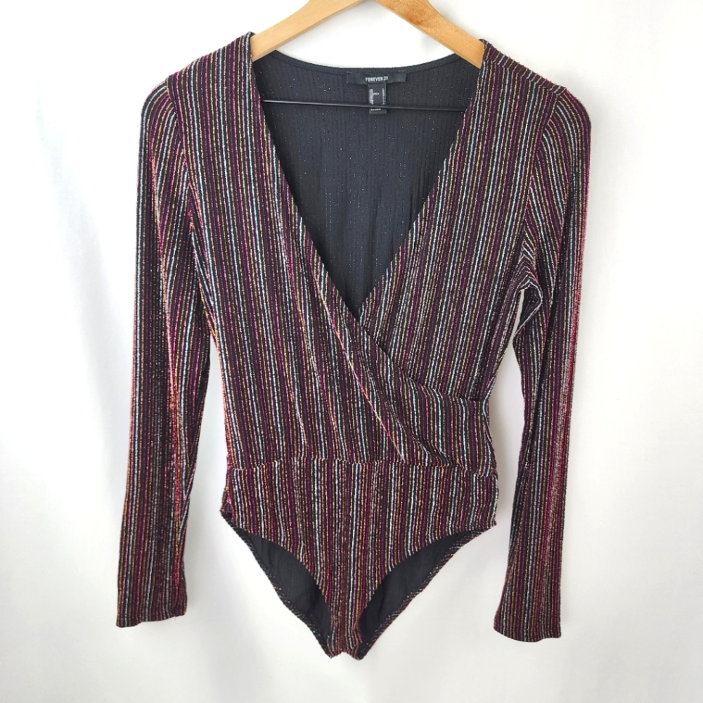 Forever 21 Women's Black and Multicolored Long Sleeve Bodysuit Size L
